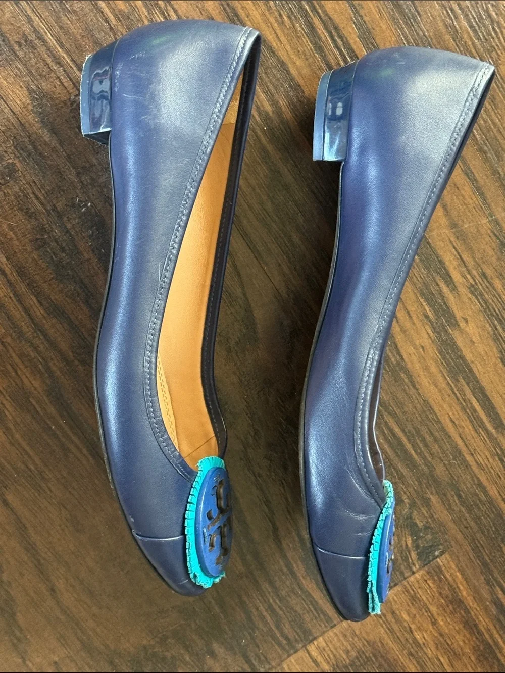 Tory Burch Navy Leather Ballet Flats with Turquoise Logo